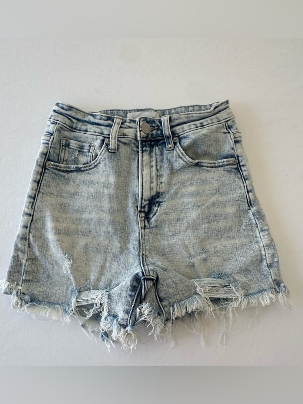 High-Rise Light Blue Frayed Denim Shorts